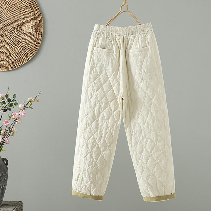 Buddha Stones Pink Flower Rhombus Pattern Cotton Thick Women's Pants With Pockets - image 2