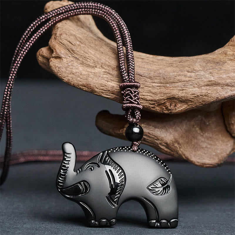 Buddha Stones Elephant Symbol Carved Design Black Obsidian Strength Necklace Pendant - image 1