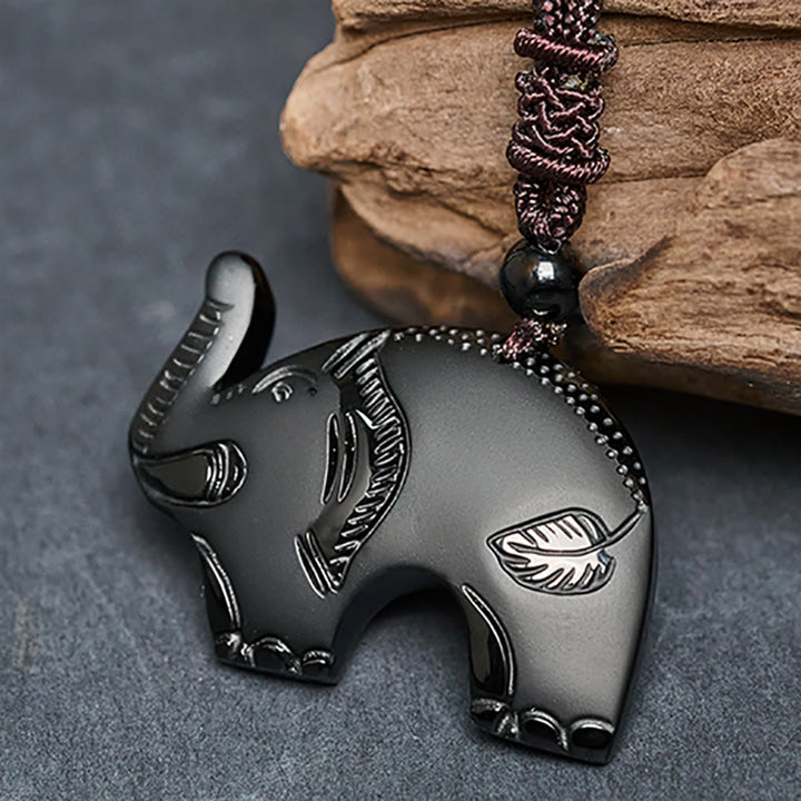 Buddha Stones Elephant Symbol Carved Design Black Obsidian Strength Necklace Pendant - image 3