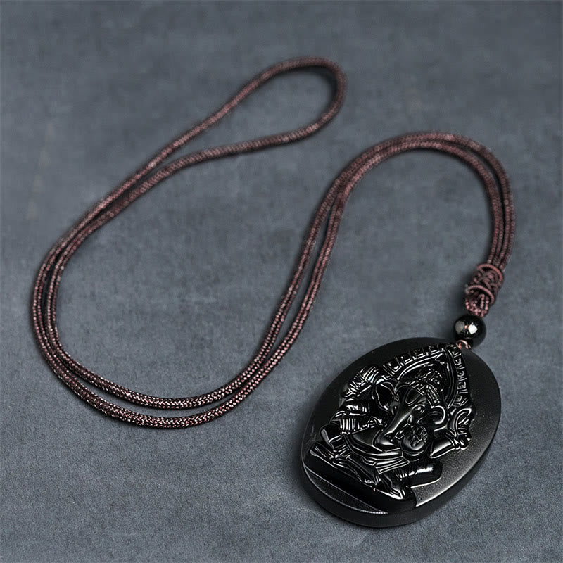 Buddha Stones Ganesh Elephant Relief Design Natural Black Obsidian Strength Necklace Pendant - image 8