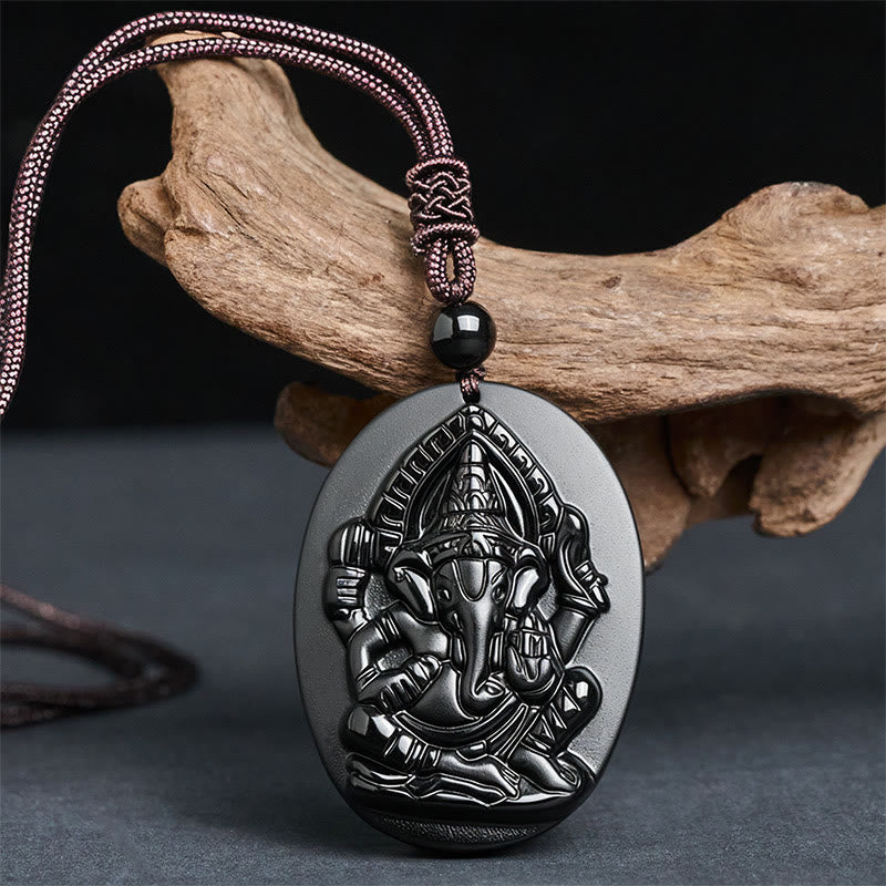 Buddha Stones Ganesh Elephant Relief Design Natural Black Obsidian Strength Necklace Pendant - image 1