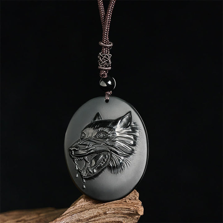 Buddha Stones Wolf Head Natural Black Obsidian Strength Necklace Pendant - image 2