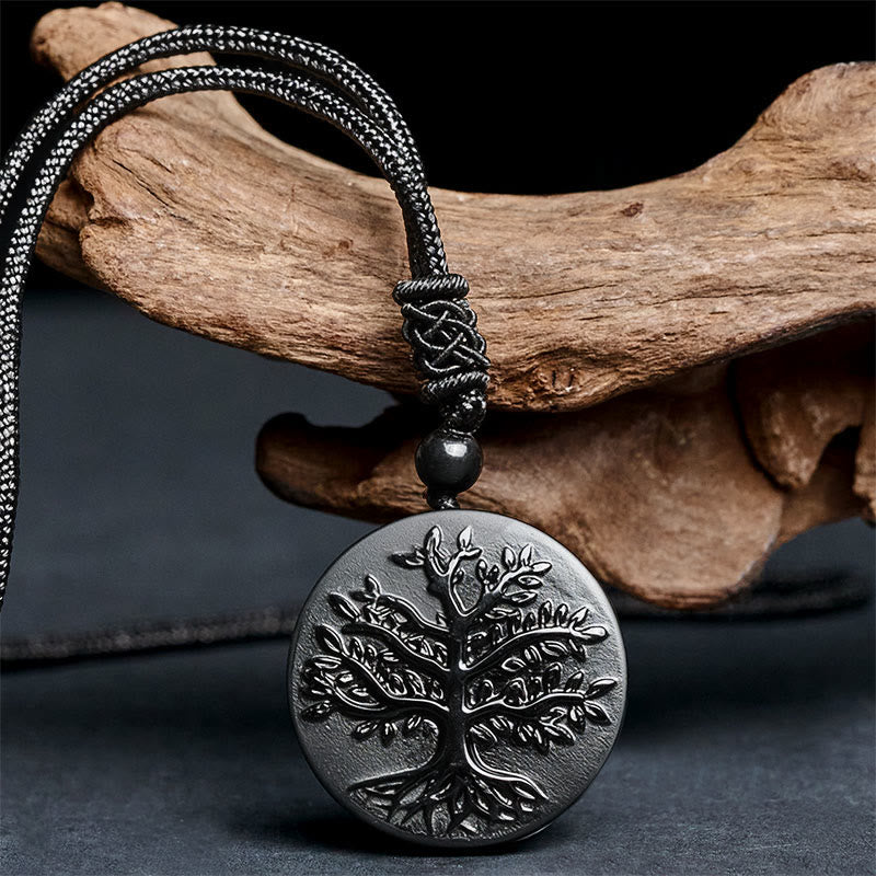 Buddha Stones Natural The Tree of Life Pattern Black Obsidian Transformation Necklace Pendant - image 1