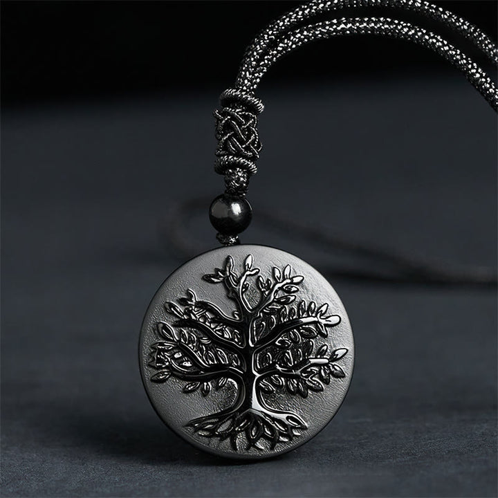 Buddha Stones Natural The Tree of Life Pattern Black Obsidian Transformation Necklace Pendant - Black Obsidian(Pendant Size: 30mm) - image 0