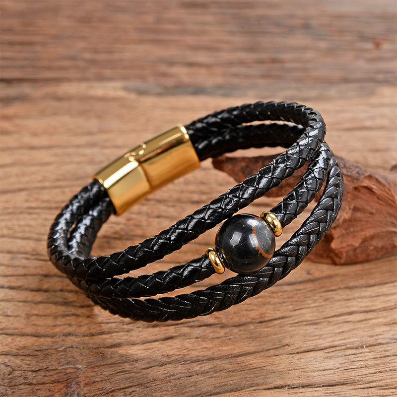 Buddha Stones Multicolored Bead Amethyst Lazurite Craved Six True Words Braided Leather Balance Bracelet - Black Liuli - 18-22cm - image 5