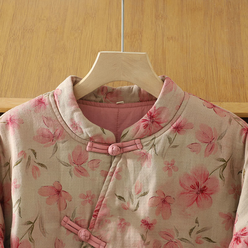 Buddha Stones Frog-button Flower Pattern Crew Neck Thickened Cotton Long Sleeve Women's Coat  - image 2