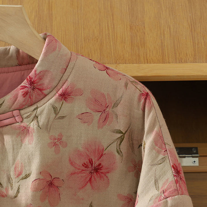 Buddha Stones Frog-button Flower Pattern Crew Neck Thickened Cotton Long Sleeve Women's Coat  - image 3