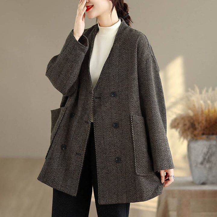 Buddha Stones Stripe V-Neck Cotton Long Sleeve Women's Coat With Pockets - SaddleBrown - US14，UK/AU18，EU46 (2XL) - image 10