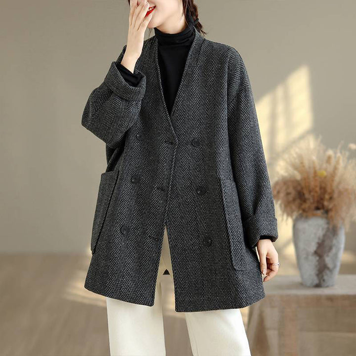 Buddha Stones Stripe V-Neck Cotton Long Sleeve Women's Coat With Pockets - Black - US14，UK/AU18，EU46 (2XL) - image 0