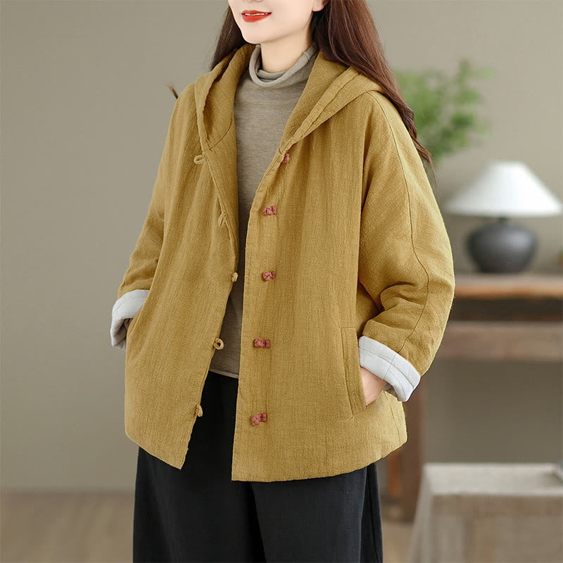 Buddha Stones Frog-button Plain Long Sleeve Thickened Cotton Women's Jacket With Pockets Hood - Goldenrod - US14，UK/AU18，EU46 (2XL) - image 0