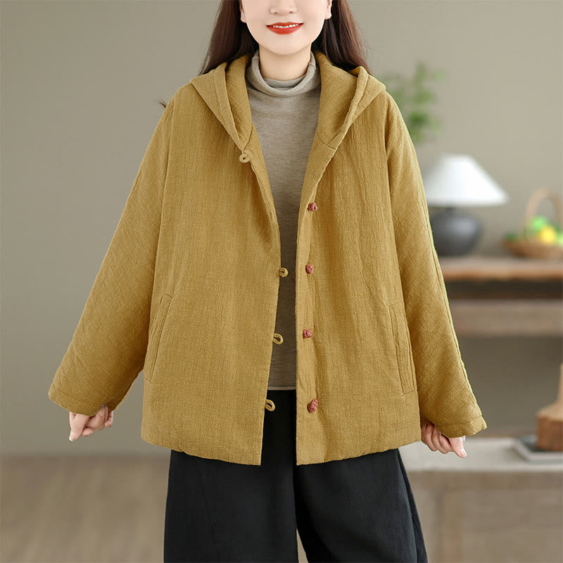 Buddha Stones Frog-button Plain Long Sleeve Thickened Cotton Women's Jacket With Pockets Hood - image 3