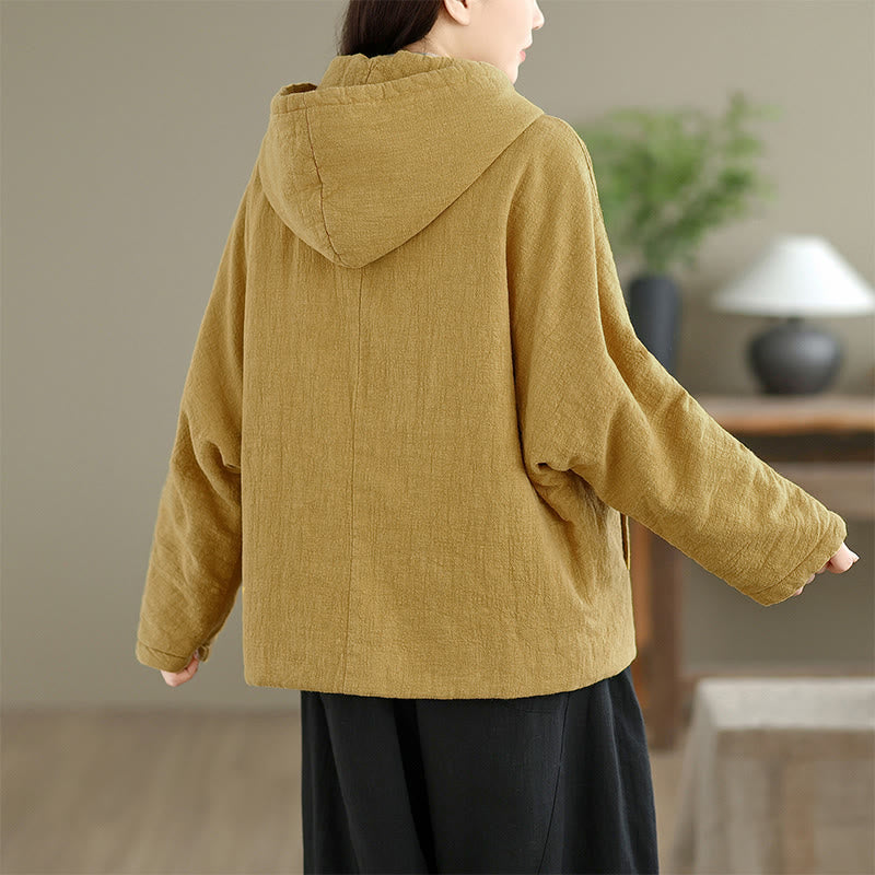 Buddha Stones Frog-button Plain Long Sleeve Thickened Cotton Women's Jacket With Pockets Hood - image 6