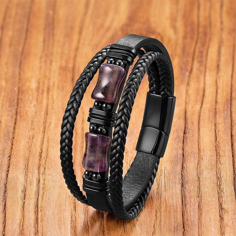 Buddha Stones Green Aventurine Amethyst Black Onyx Pink Crystal Positivit Braided Leather Bracelet - Amethyst - 18-22cm - image 4