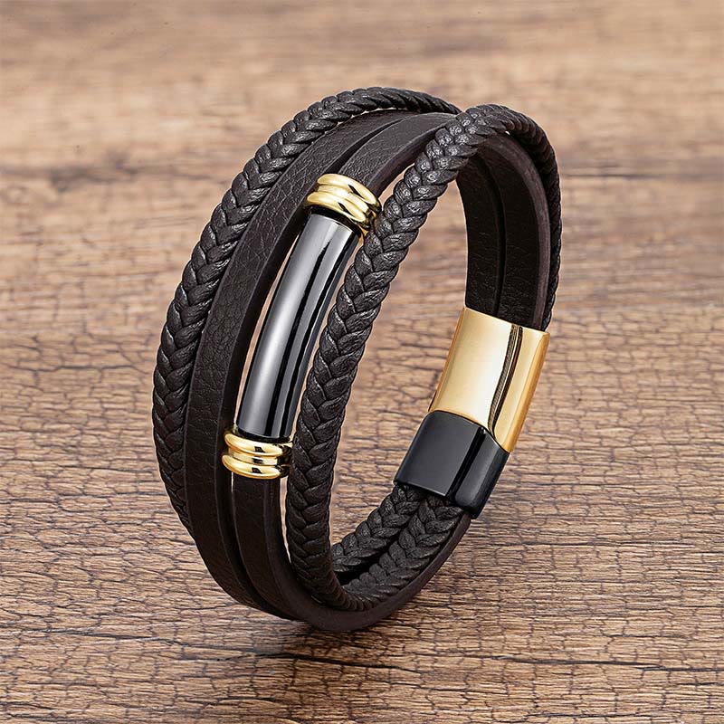 Buddha Stones Multi-layered Simple Design Leather Titanium Steel Balance Bracelet - Black&Gold - 18-22cm - image 6