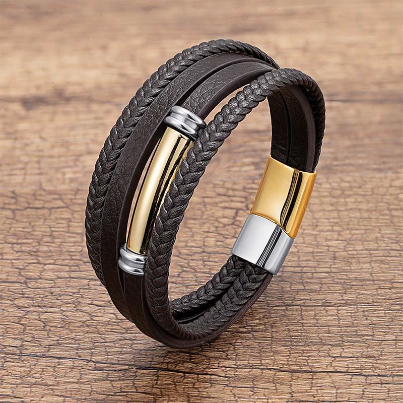 Buddha Stones Multi-layered Simple Design Leather Titanium Steel Balance Bracelet - Gold&Silver - 18-22cm - image 8