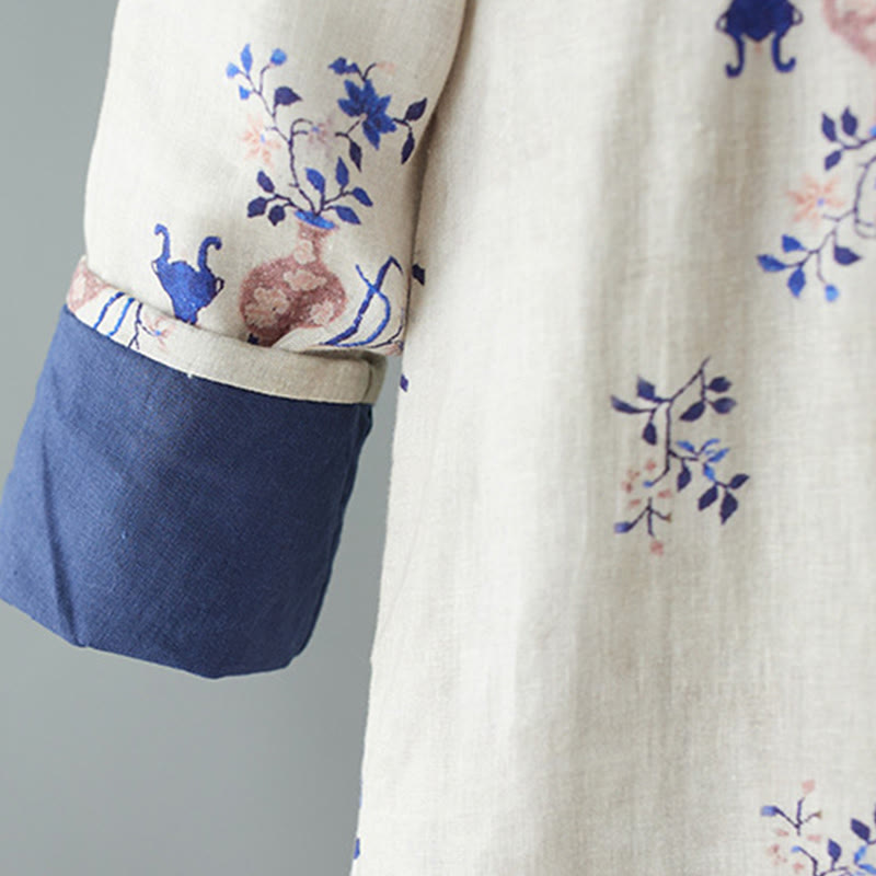 Buddha Stones Slanted Collar Frog-Button Vase Plant Pattern Long Sleeve Crew Neck Cotton Midi Dress - image 4