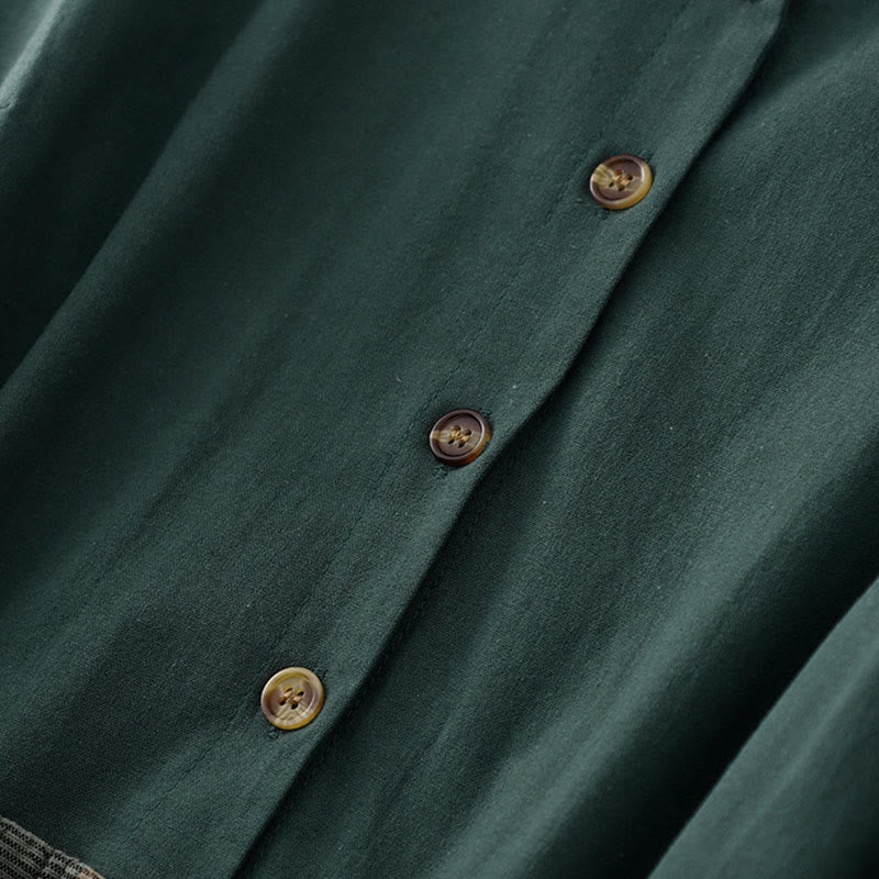 Buddha Stones Lapel Color Blocking Design Long Sleeve Cotton Midi Dress With Pockets - image 4