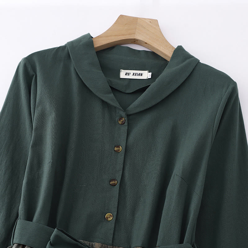 Buddha Stones Lapel Color Blocking Design Long Sleeve Cotton Midi Dress With Pockets - image 3