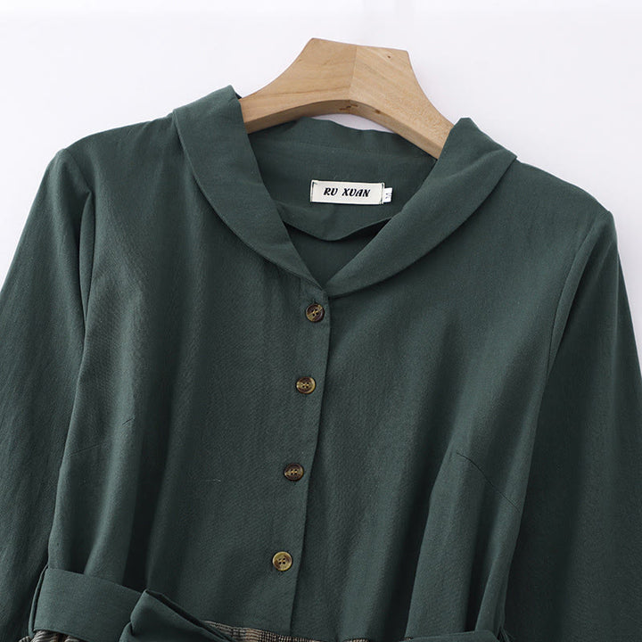 Buddha Stones Lapel Color Blocking Design Long Sleeve Cotton Midi Dress With Pockets - image 3