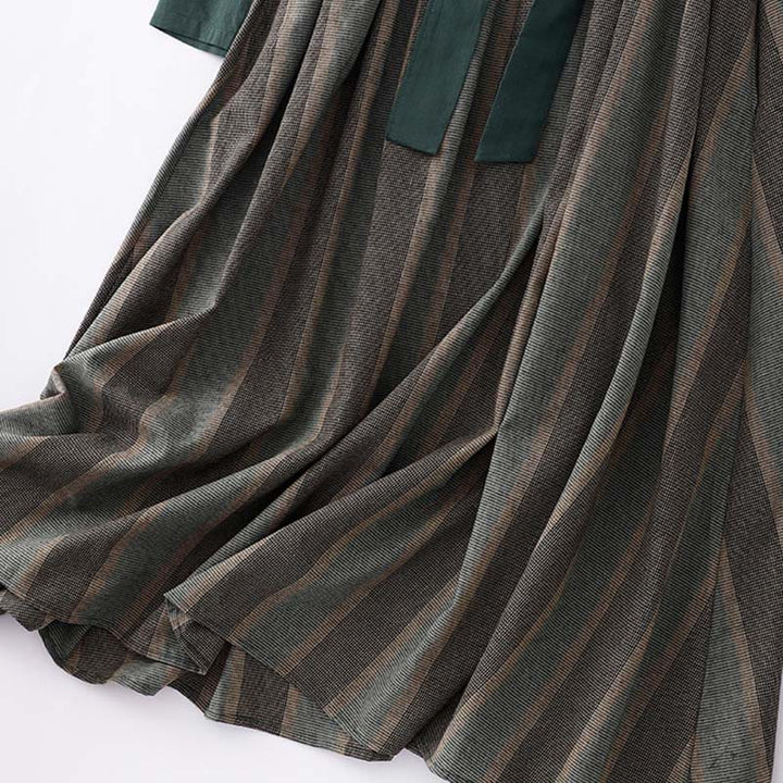 Buddha Stones Lapel Color Blocking Design Long Sleeve Cotton Midi Dress With Pockets - image 9