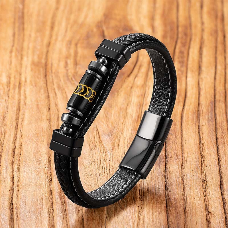 Buddha Stones Om Mani Padme Hum Dragon Symbol Black Onyx Leather Titanium Steel Balance Protection Bracelet - Black Onyx Five coins - 18-22cm - image 6