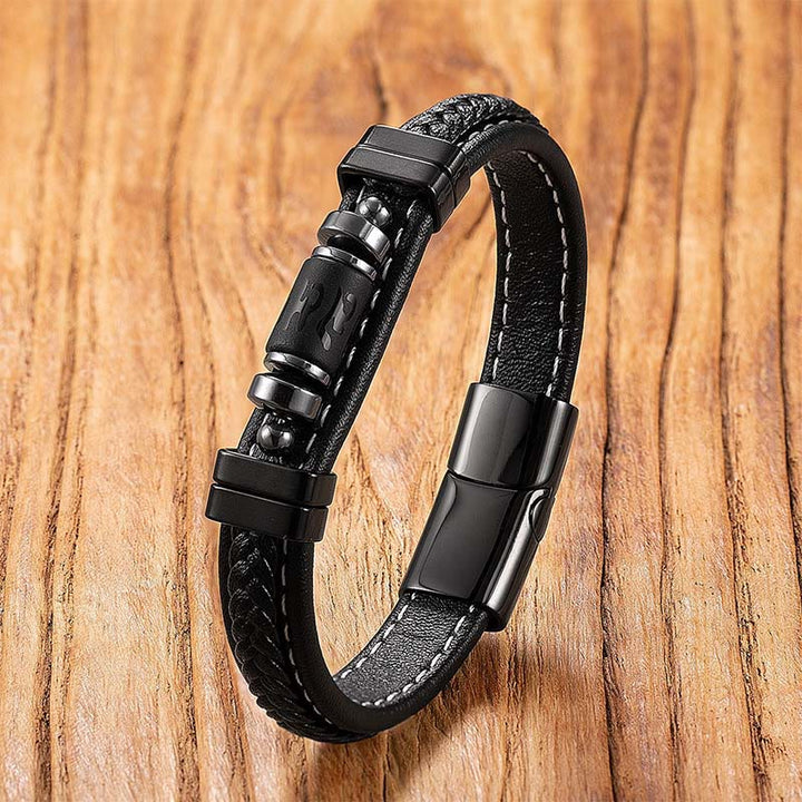 Buddha Stones Om Mani Padme Hum Dragon Symbol Black Onyx Leather Titanium Steel Balance Protection Bracelet - Matte Black Liuli - 18-22cm - image 10