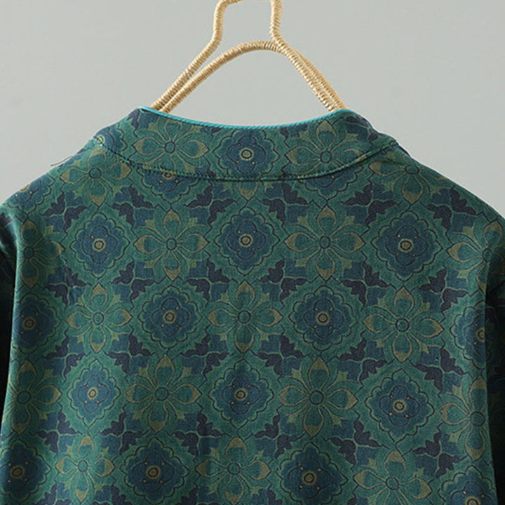 Buddha Stones Stand Collar Frog-button Flower Pattern Long Sleeve Cotton Midi Dress - image 2