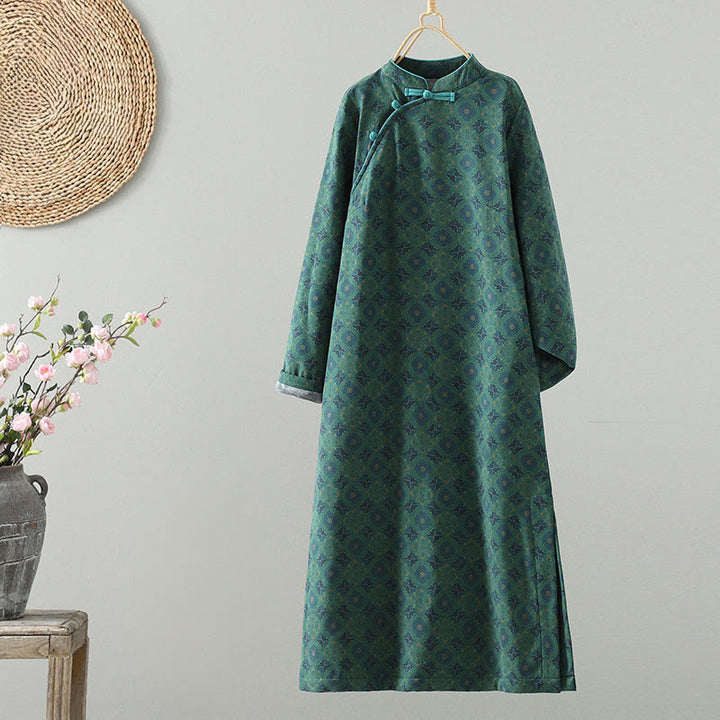 Buddha Stones Stand Collar Frog-button Flower Pattern Long Sleeve Cotton Midi Dress - DarkGreen - US8-10，UK/AU12-14，EU40-42 (2XL) - image 0