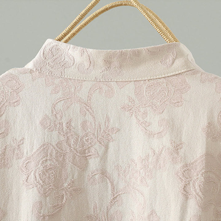 Buddha Stones Stand Collar Frog-Button Flower Pattern Embroidery Design Long Sleeve Cotton Midi Dress - image 6