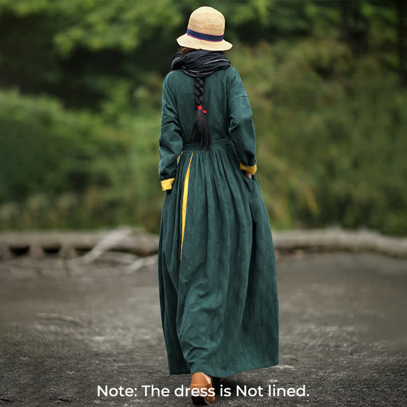 Buddha Stones Frog-Button Plain V-Neck Long Sleeve Cotton Midi Dress With Pockets - image 1