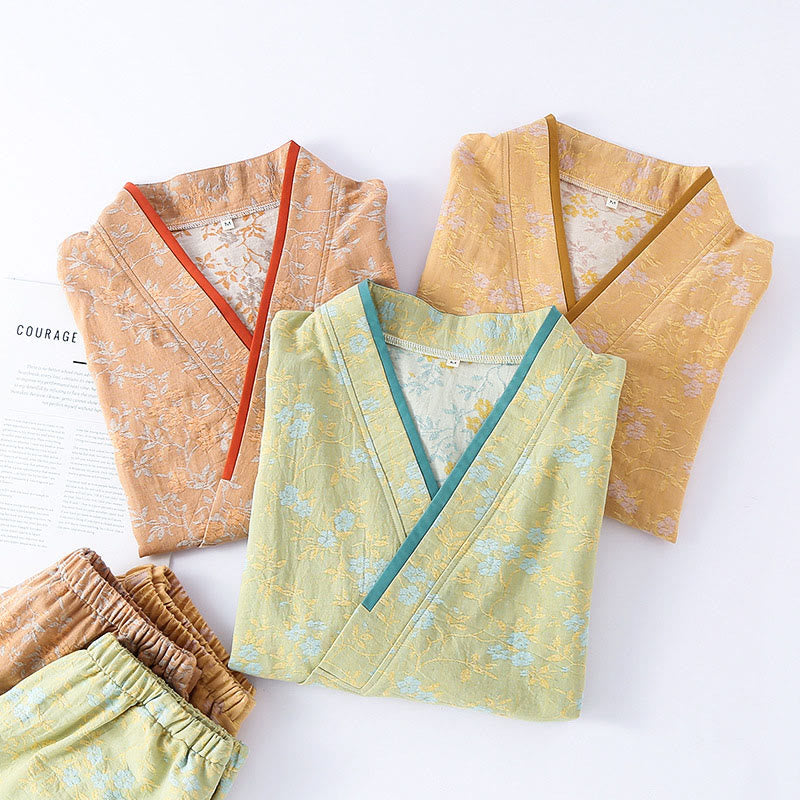 Buddha Stones 2pcs Colorful Floral Leaf Long Sleeve V-Neck Shirt Pants Cotton Pajamas Set With Pockets - image 14