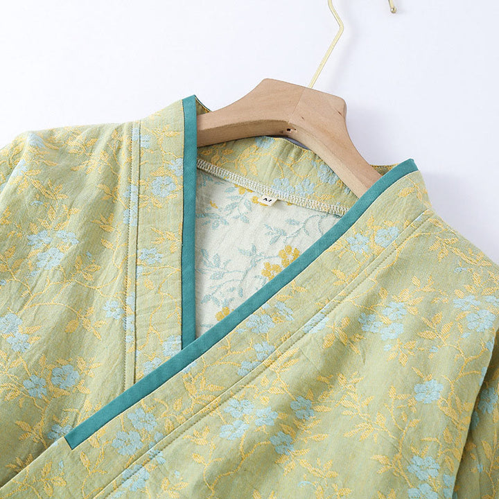 Buddha Stones 2pcs Colorful Floral Leaf Long Sleeve V-Neck Shirt Pants Cotton Pajamas Set With Pockets - image 1