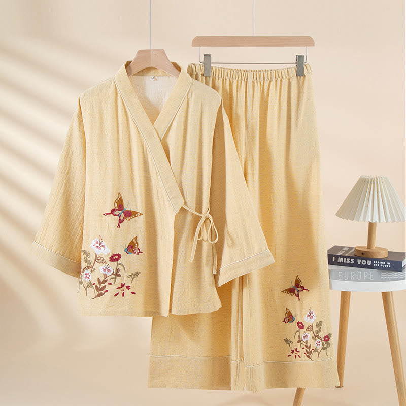 Buddha Stones 2pcs Colorful Floral Butterfly Long Sleeve V-Neck Shirt Pants Cotton Pajamas Set With Pockets - Moccasin - US6，UK/AU10，EU38 (XL) - image 5