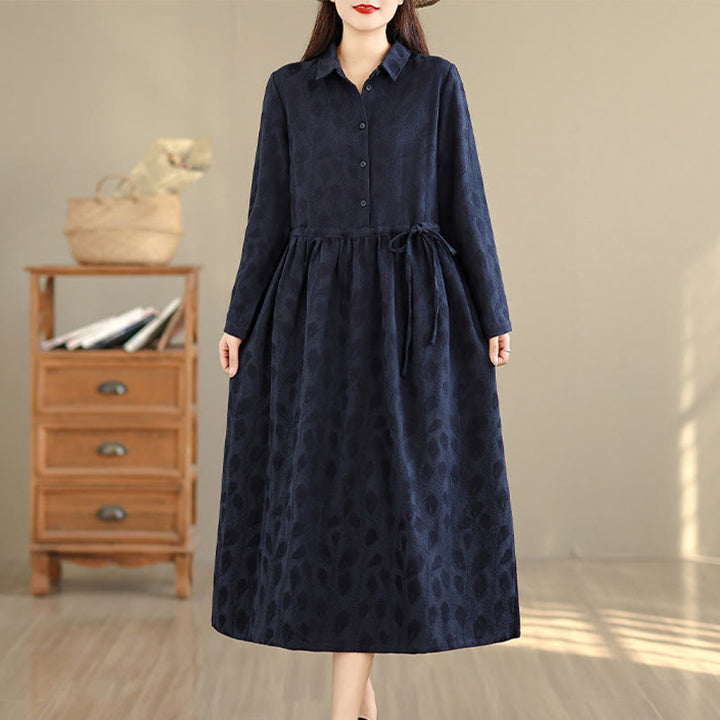 Buddha Stones Leaf Pattern Stand Collar Long Sleeve Cotton Midi Dress With Pockets - image 10