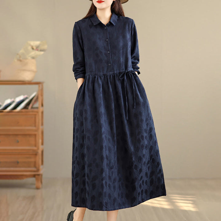 Buddha Stones Leaf Pattern Stand Collar Long Sleeve Cotton Midi Dress With Pockets - image 11