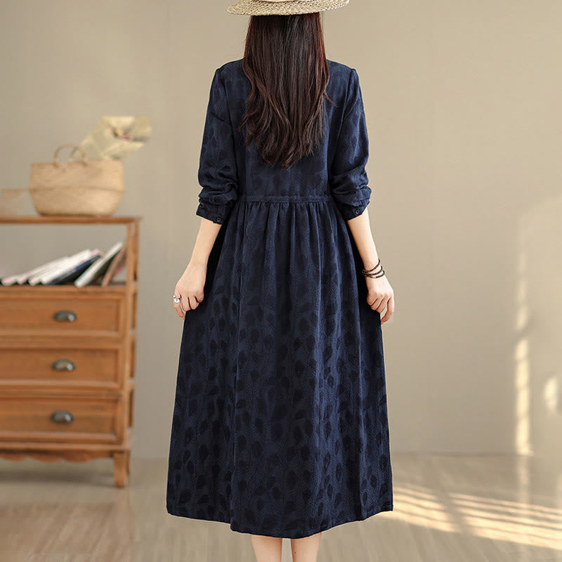 Buddha Stones Leaf Pattern Stand Collar Long Sleeve Cotton Midi Dress With Pockets - image 14