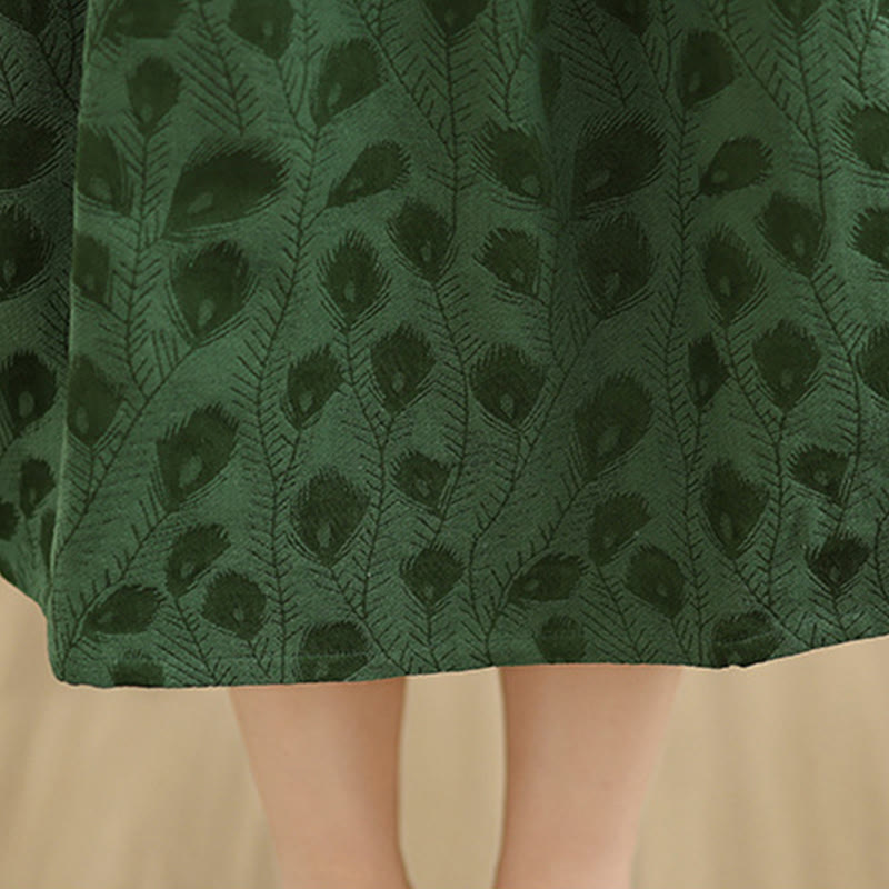 Buddha Stones Leaf Pattern Stand Collar Long Sleeve Cotton Midi Dress With Pockets - image 7