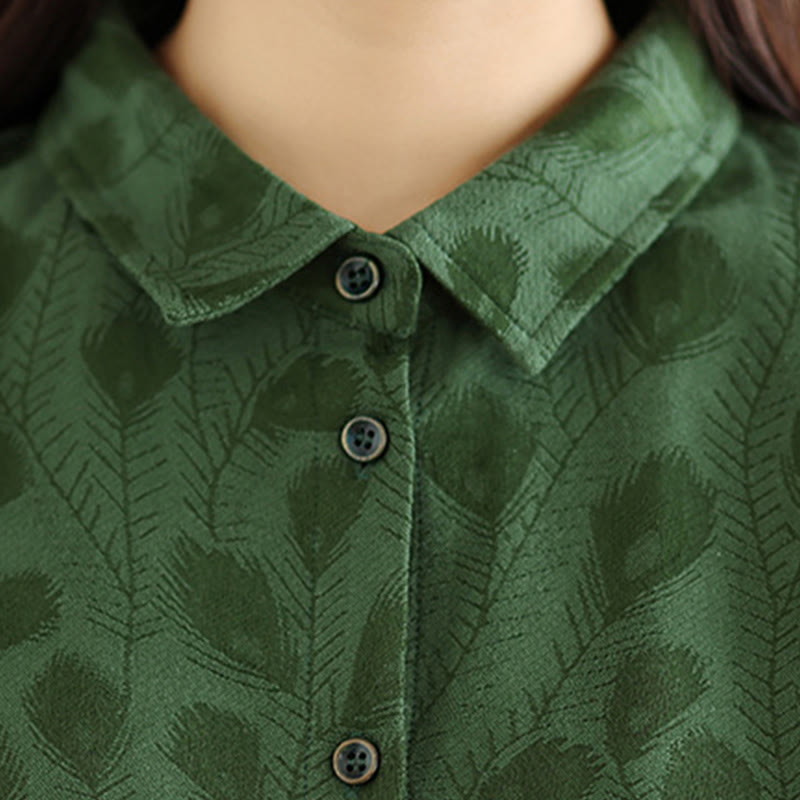 Buddha Stones Leaf Pattern Stand Collar Long Sleeve Cotton Midi Dress With Pockets - image 5