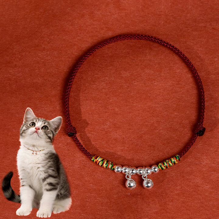 Buddha Stones Silver Bell Red Black String Protection Adjustable Cats Small Dogs Pet Collar - Darkred Rope - 50-65cm - image 0