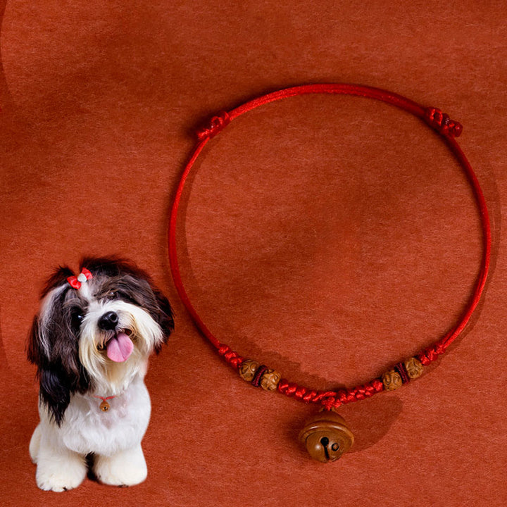 Buddha Stones Red String Peach Wood Bead Bell Strength Adjustable Cats Small Dogs Pet Collar - Red Rope - 50-65cm - image 0