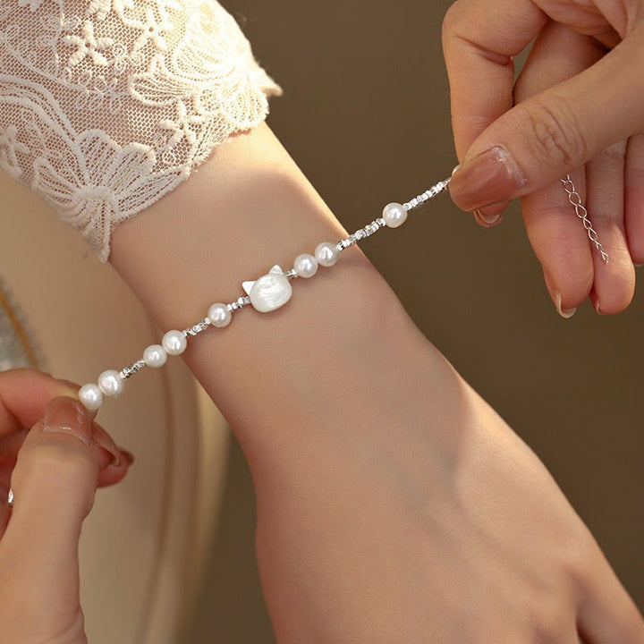 Buddha Stones Pearl Cat Head Tridacna Stone Silver Chain Healing Bracelet - image 3