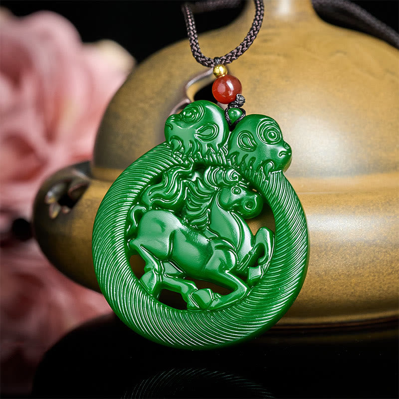 Buddha Stones Year Of The Horse Jade Prosperity Hollow Necklace Pendants - image 2