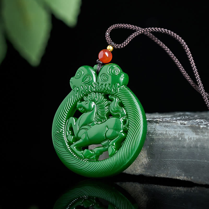 Buddha Stones Year Of The Horse Jade Prosperity Hollow Necklace Pendants - image 3