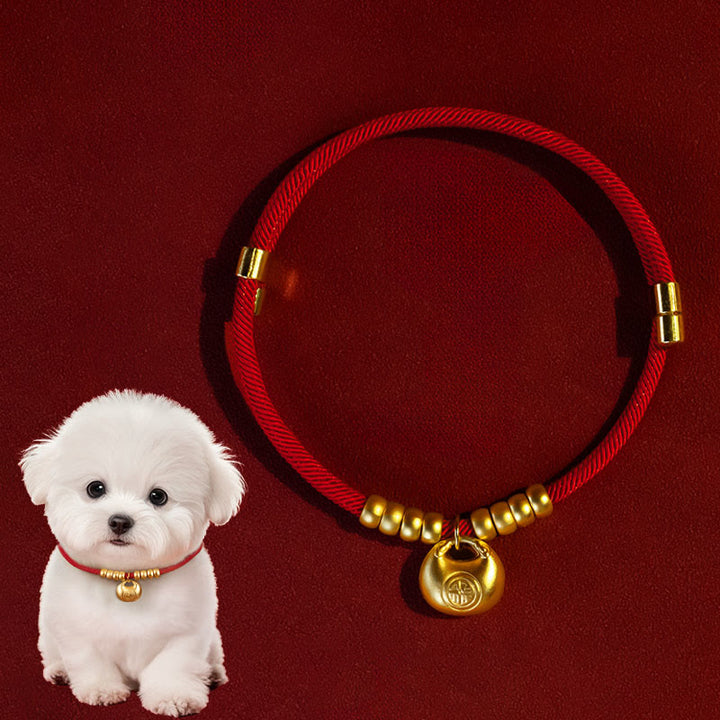 Buddha Stones Red String Bead Protection Adjustable Cats Small Dogs Pet Collar - Ingot Shaped Pendant - 25-50cm - image 0