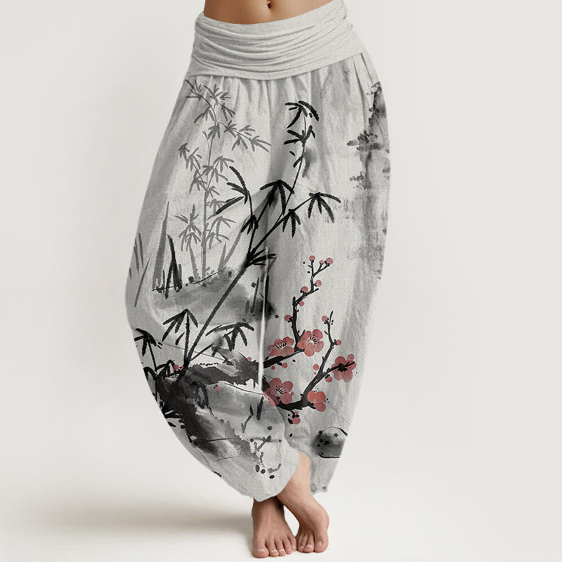 Buddha Stones Cotton Plum Blossoms Bamboo Orchids Chrysanthemums Pattern Women's Elastic Waist Harem Pants - LightGrey - US22，UK/AU26，EU54 (6XL) - image 0