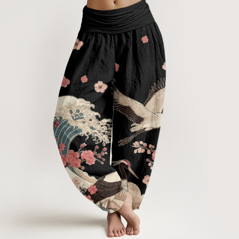 Buddha Stones Pure Cotton Cranes Peach Blossoms Ocean Women's Elastic Waist Harem Pants - Black - US16，UK/AU20，EU48 (3XL) - image 5