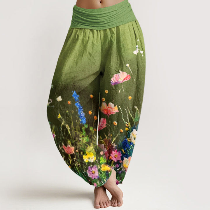 Buddha Stones Cotton Casual Watercolor Style Floral Pattern Women's Elastic Waist Harem Pants - OliveDrab - US22，UK/AU26，EU54 (6XL) - image 4