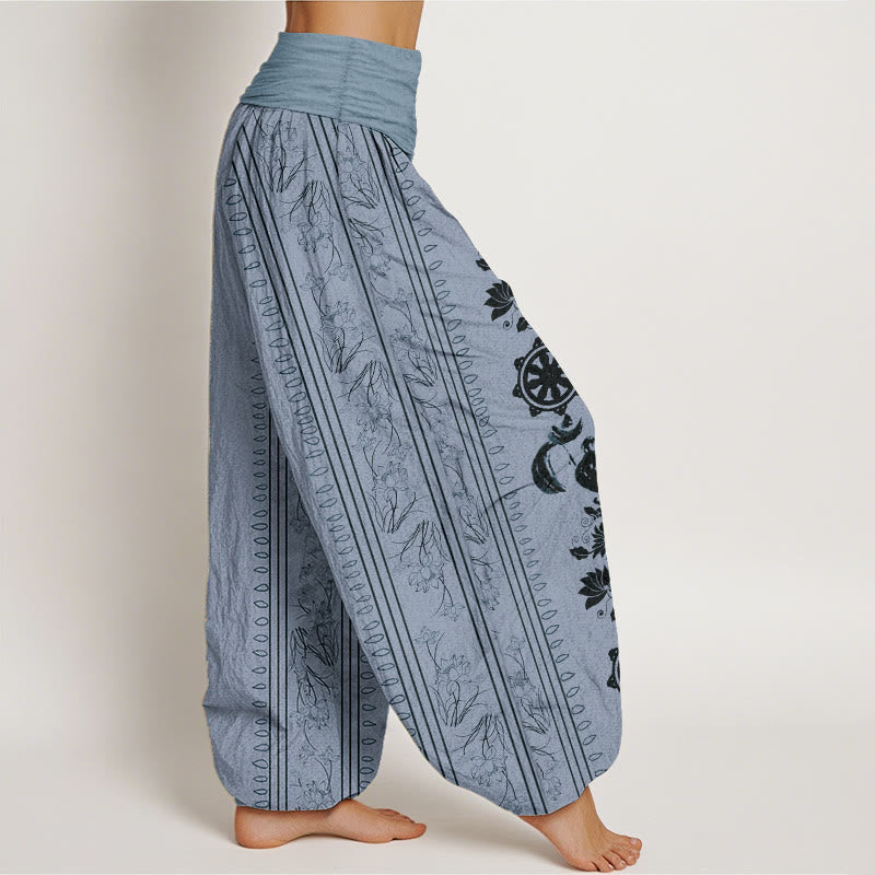 Buddha Stones Pure Cotton Dharma Wheel Lotus OM Pattern Women's Elastic Waist Harem Pants - image 2