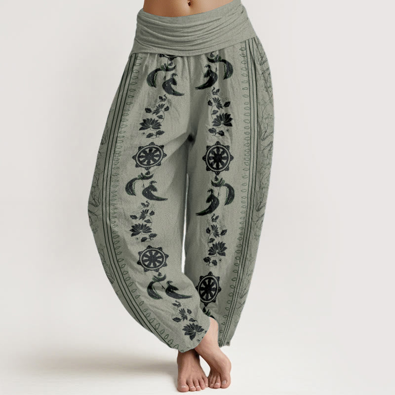 Buddha Stones Pure Cotton Dharma Wheel Lotus OM Pattern Women's Elastic Waist Harem Pants - DarkSeaGreen - US22，UK/AU26，EU54 (6XL) - image 5
