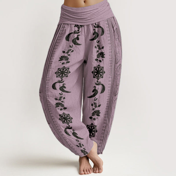 Buddha Stones Pure Cotton Dharma Wheel Lotus OM Pattern Women's Elastic Waist Harem Pants - Violet - US22，UK/AU26，EU54 (6XL) - image 8